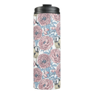 Peony-bloemen en -vogels thermosbeker