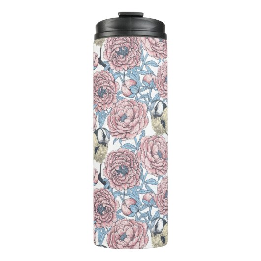 Peony-bloemen en -vogels thermosbeker (Voorkant)