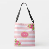 Peony bloemen op roze en witte streep crossbody tas (Achterkant)