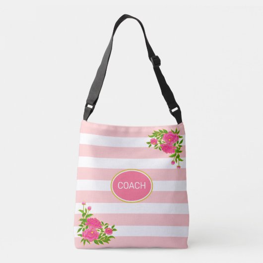 Peony bloemen op roze en witte streep crossbody tas (Achterkant)