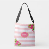 Peony bloemen op roze en witte streep crossbody tas (Voorkant)