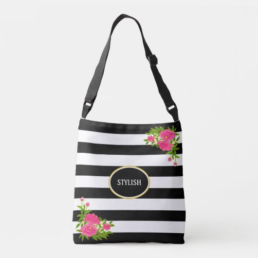 Peony bloemen op zwarte en witte streep crossbody tas (Achterkant)