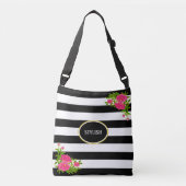 Peony bloemen op zwarte en witte streep crossbody tas (Voorkant)