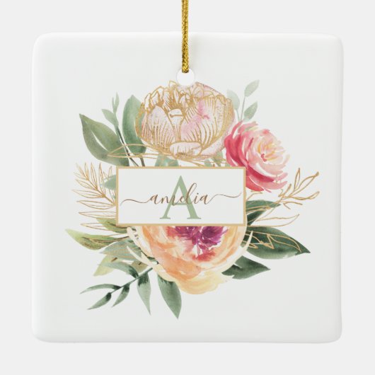 Peony Bloom monogram naam Ceramic Decoration Keramisch Ornament (Achterkant)