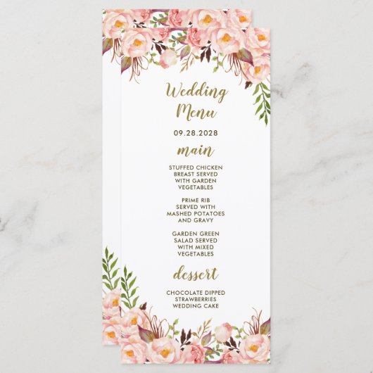 Peony Blush Roze en Gouden Bruiloft Menu Kaarten (Voorkant / Achterkant)