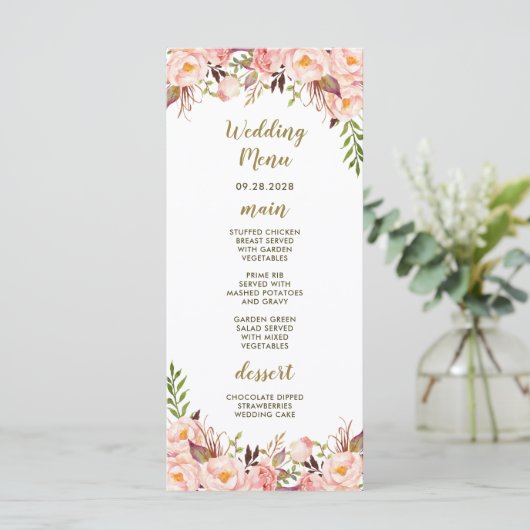 Peony Blush Roze en Gouden Bruiloft Menu Kaarten (Staand voorkant)