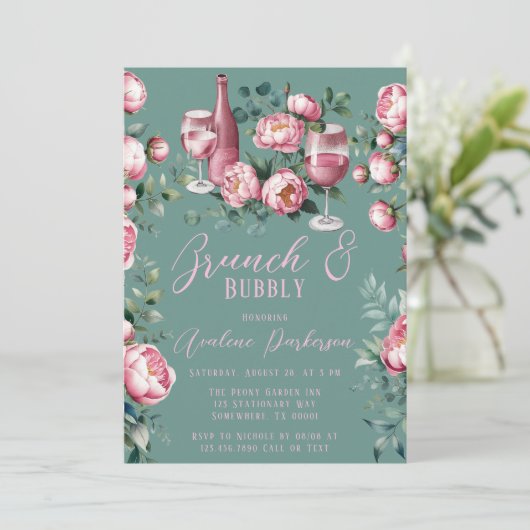 Peony Boeket In Waterverf Brunch En Bubbly Kaart (Staand voorkant)