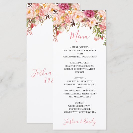 Peony Boho Pink Floral Wedding Menu (Voorkant / Achterkant)