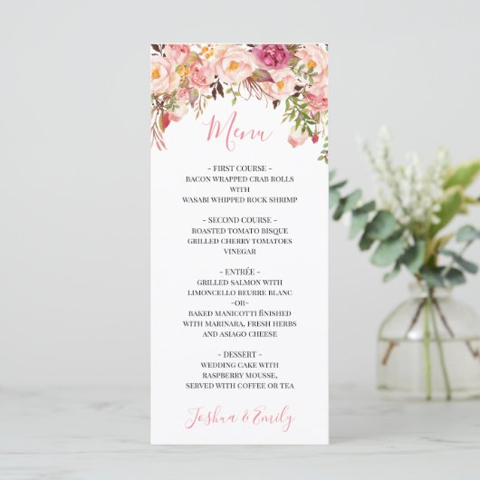 Peony Boho Pink Floral Wedding Menu (Staand voorkant)