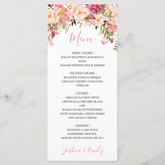 Peony Boho Pink Floral Wedding Menu (Voorkant)