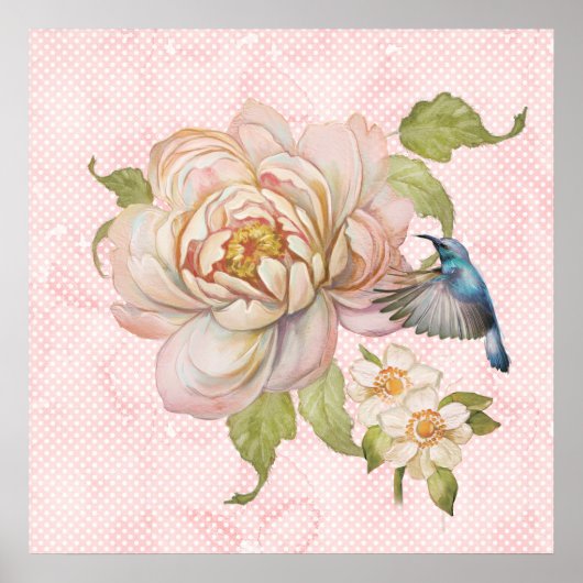 Peony Bouquet en Hummingbird Poster (Voorkant)