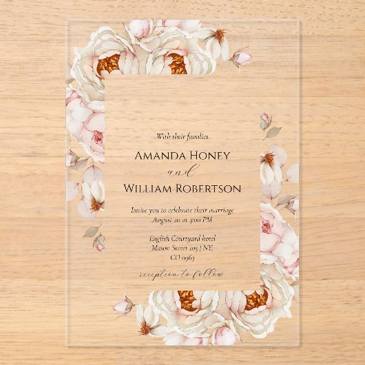 Peony Bouquet Huwelijksuitnodiging Acryl Uitnodigingen (Voorkant)