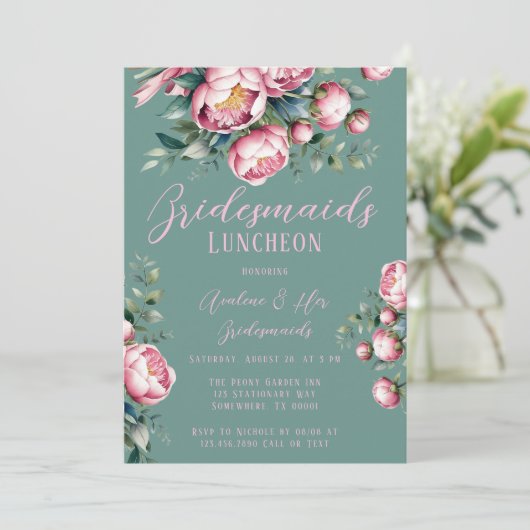 Peony Bouquet In Waterverf Bruidsmeisjes Luncheon Kaart (Staand voorkant)