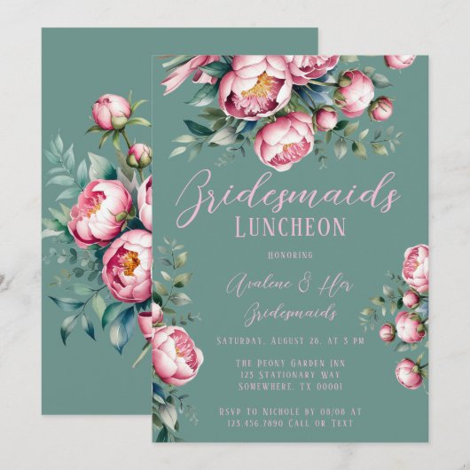 Peony Bouquet In Waterverf Bruidsmeisjes Luncheon Kaart (Voorkant / Achterkant)