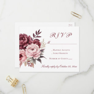 Peony Bourgondië Waterverf Bloemen Huwelijk RSVP Uitnodiging Briefkaart