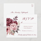 Peony Bourgondië Waterverf Bloemen Huwelijk RSVP Uitnodiging Briefkaart (Voorkant / Achterkant)