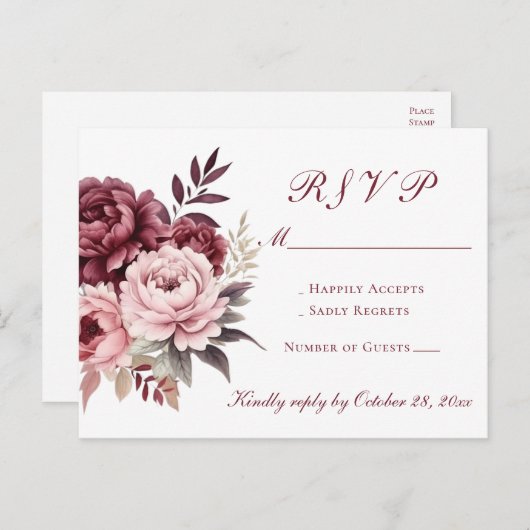 Peony Bourgondië Waterverf Bloemen Huwelijk RSVP Uitnodiging Briefkaart (Voorkant / Achterkant)