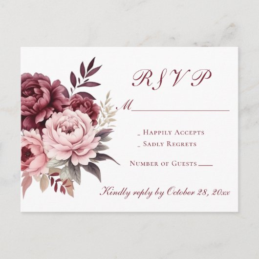 Peony Bourgondië Waterverf Bloemen Huwelijk RSVP Uitnodiging Briefkaart (Voorkant)