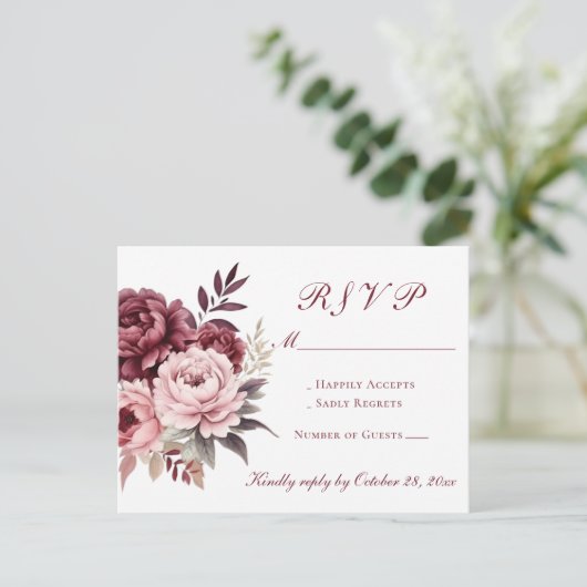 Peony Bourgondië Waterverf Bloemen Huwelijk RSVP Uitnodiging Briefkaart (Staand voorkant)