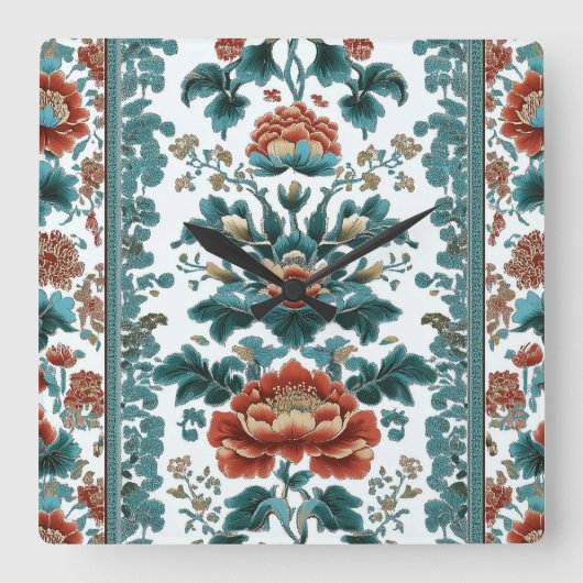 Peony Brocade Vierkante Klok (Voorkant)