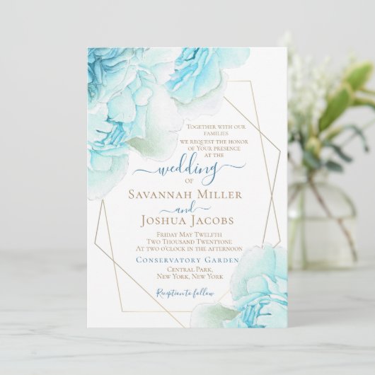 Peony bruiloft dusty blue waterverf florale bruilo kaart (Staand voorkant)