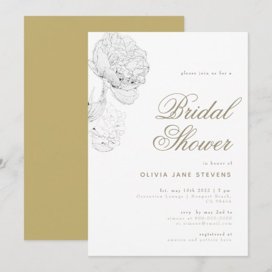 Peony BW Gold Elegant Script Floral Vrijgezellenfe Kaart (Voorkant / Achterkant)