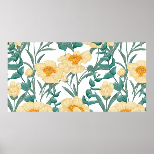 Peony Claire de Lune plants seamless pattern. Hand Poster (Voorkant)