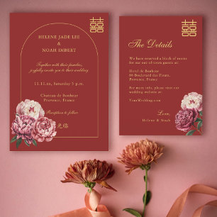 Peony Double Happiness Chinese rode bruiloft detai Kaart