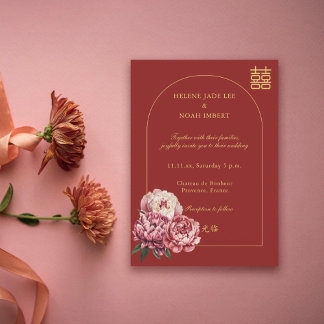 Peony Dubbel Geluk Moderne Chinese Rode Huwelijk Kaart