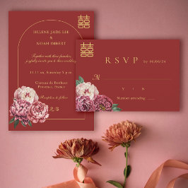 Peony Dubbel Geluk Moderne Chinese RSVP bruiloft Kaart