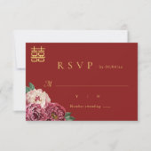 Peony Dubbel Geluk Moderne Chinese RSVP bruiloft Kaart (Voorkant)
