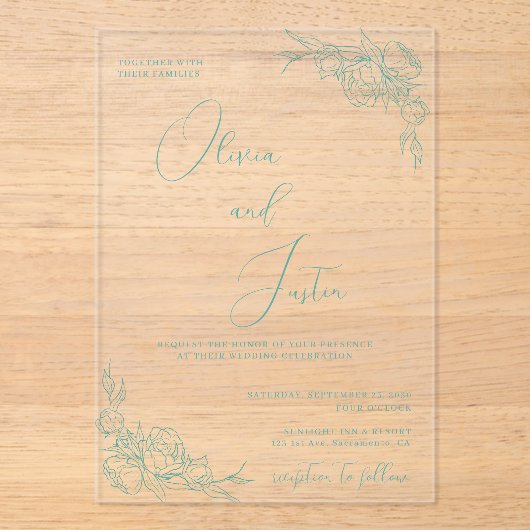 Peony Elegance Wedding Acryl Uitnodigingen (Voorkant)