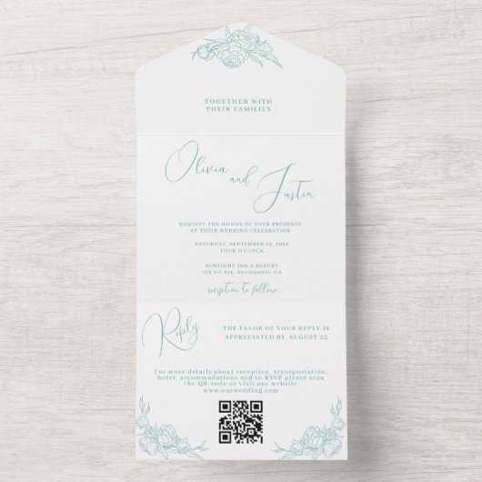 Peony Elegance Wedding All In One Uitnodiging (Binnen)