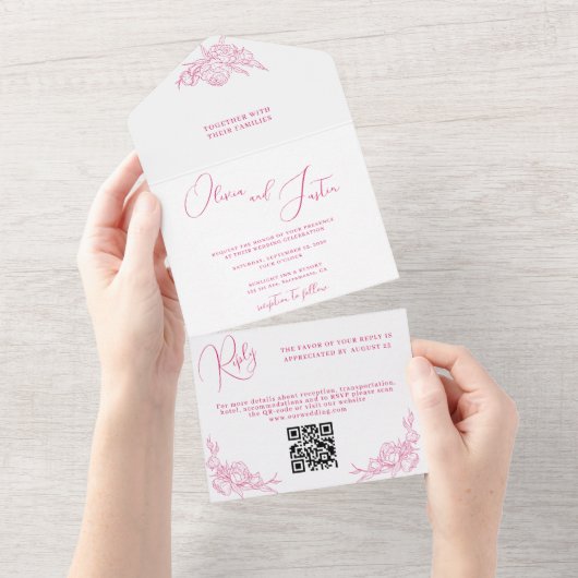 Peony Elegance Wedding All In One Uitnodiging (Afscheurbaar)