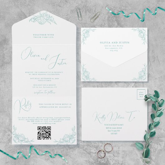 Peony Elegance Wedding All In One Uitnodiging