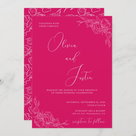 Peony Elegance Wedding Kaart (Voorkant / Achterkant)