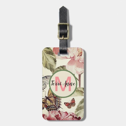 Peony en Butterflies met Monogram in een Cirkel Bagagelabel (Voorkant verticaal)