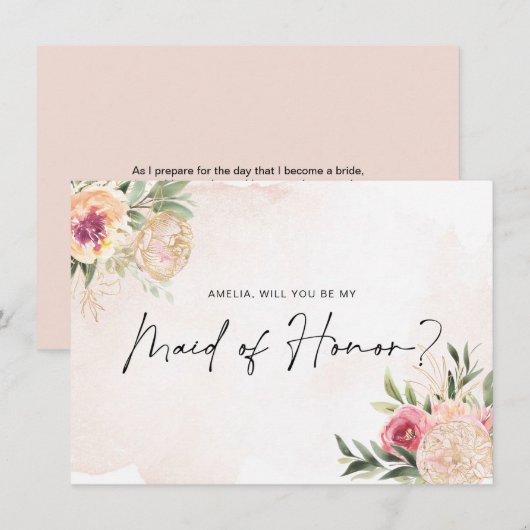 Peony en Gold Bloom Maid of Honor Flat Card Bedankkaart (Voorkant / Achterkant)