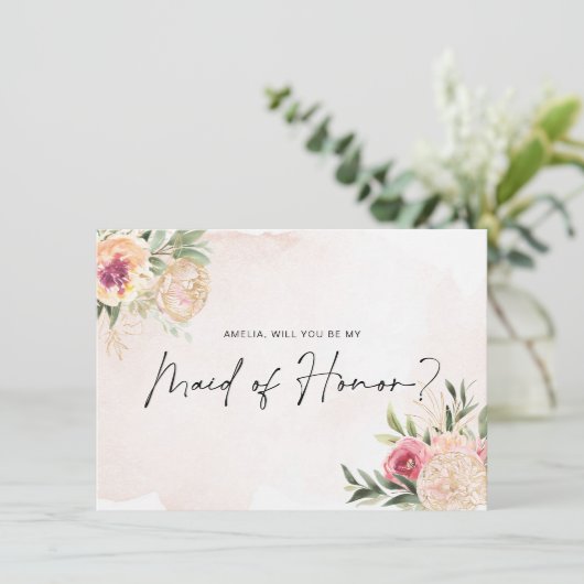 Peony en Gold Bloom Maid of Honor Flat Card Bedankkaart (Staand voorkant)