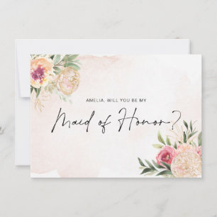 Peony en Gold Bloom Maid of Honor Flat Card Bedankkaart