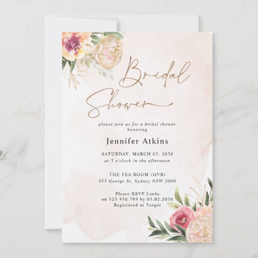 Peony en Gold Flowers Bridal Shower Invitation Kaart (Voorkant)