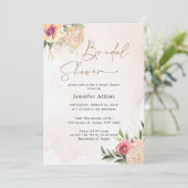 Peony en Gold Flowers Bridal Shower Invitation Kaart (Staand voorkant)