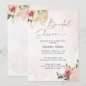 Peony en Gold Flowers Bridal Shower Invitation Kaart (Voorkant / Achterkant)