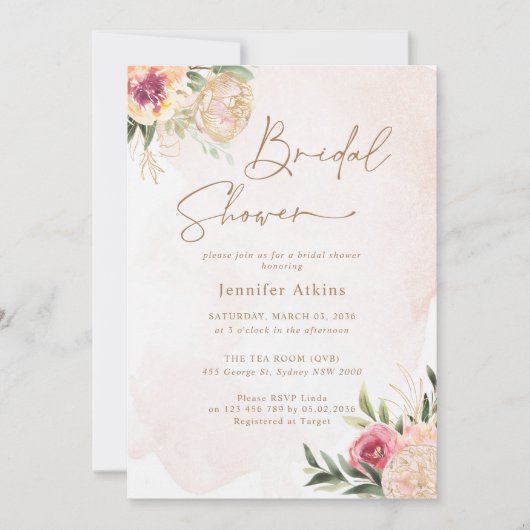 Peony en Gold Flowers Bridal Shower Invitation Kaart (Voorkant)