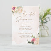 Peony en Gold Flowers Bridal Shower Invitation Kaart (Staand voorkant)