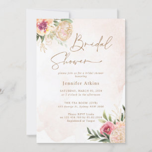 Peony en Gold Flowers Bridal Shower Invitation Kaart