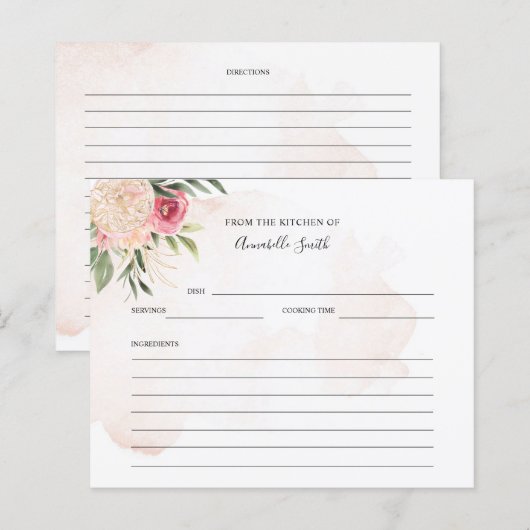 Peony en Gold Flowers Name Recipcard (Voorkant / Achterkant)