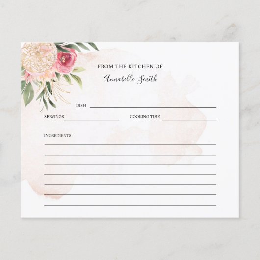 Peony en Gold Flowers Name Recipcard (Voorkant)