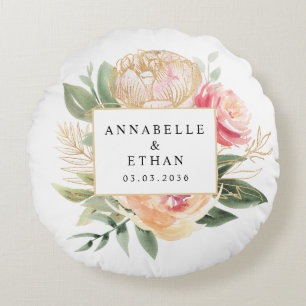 Peony en Gold Flowers Pas getrouwd Cushion Rond Kussen
