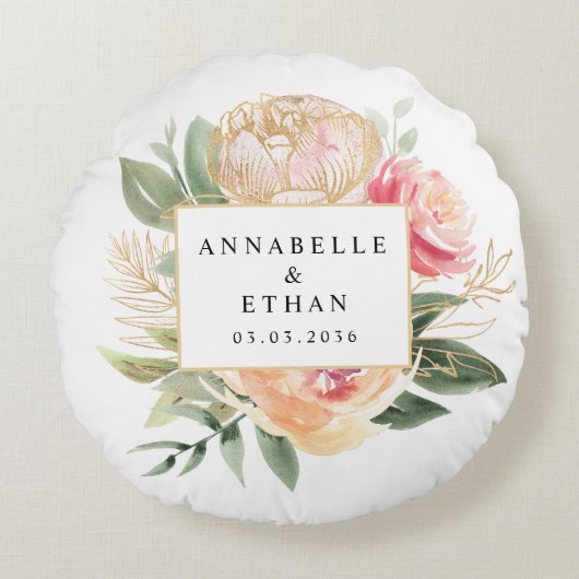Peony en Gold Flowers Pas getrouwd Cushion Rond Kussen (Voorkant)